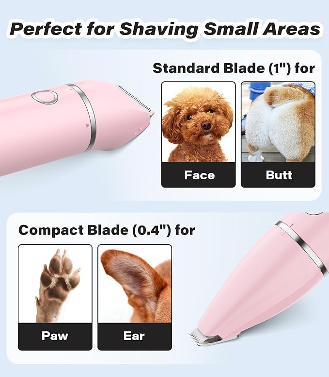Casfuy Cordless Dog Paw Trimmer - Low Noise Small Dog Clippers with Double Blades USB Rechargeable Grooming Clipper for Dogs Cats and Small Pets for Trimming Hair Around Paws, Eyes, Ears, Face, Rump-Mewly Pet