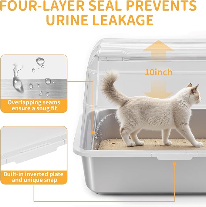Stainless Steel Litter Box with Lid, XL Extra Large Cat Litter Box, Enclosed Metal Litter Pan with High Sided Enclosure & Scoop, Anti Leakage, Easy to Clean, Odor Control (White)-Mewly Pet