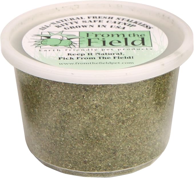 from The Field | Fine Ground Stalkless Catnip | Premium USA-Grown Catnip for Toys & Playtime | Fresh, Potent, Non-Toxic, Eco-Friendly | Safe for Kittens & Cats | Resealable 3.5 oz Tub-Mewly Pet