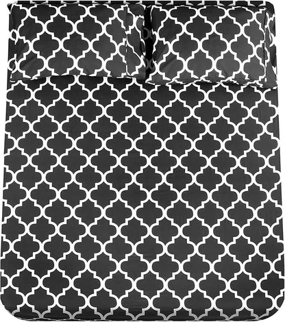 Mejoroom Queen Bed Sheet Set - Super Soft Brushed Microfiber 1800 Thread Count Queen Sheets with 16 inch Deep Pocket - Wrinkle Free - 4 Piece(Queen, Black Quatrefoil with White Pattern)