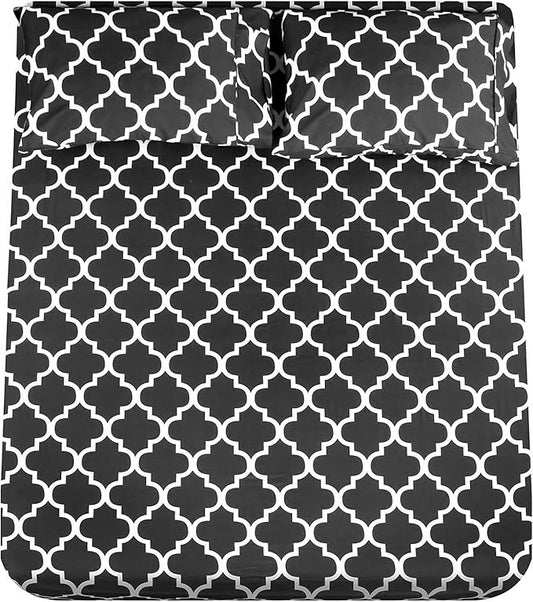Mejoroom King Bed Sheet Set - Super Soft Brushed Microfiber 1800 Thread Count Sheets with 15 inch Deep Pocket - Wrinkle Free - 4 Piece(King, Black Quatrefoil with White Pattern)