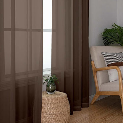 OWENIE Sheer Curtains 54 inches Long for Living Room Bedroom, Rod Pocket Light Filtering Voile Sheers Panels Drapes Small Window Treatments 2 Panels, 42" W x 54" L, Chocolate