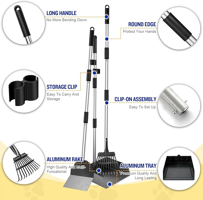 Dog Pooper Scooper for Large Dogs, 3 Pack Adjustable Long Handle Metal Tray, Rake and Spade Poop Scoop with Bin for Pet Waste Removal, No Bending Clean Up for Medium and Large Dogs-Mewly Pet