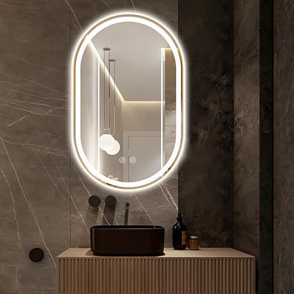 Niccy Oval LED Mirror for Bathroom, 48x30 Front Lit + Backlit Vanity Mirrors with Light Anti-Fog, Shatter-Proof, 3 Colors, Makeup Mirror with Gold Frame (Horizontal/Vertical)