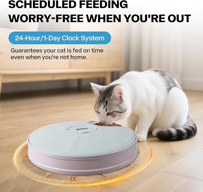 Pawise Automatic Cat Feeder, 6-Meal Programmable Pet Food Dispenser with Bird Chirp Sound Alert, Battery Operated, BPA-Free, Bonus Snack Ball Toy, for Cats & Small Dogs（Batteries Not Included-Mewly Pet