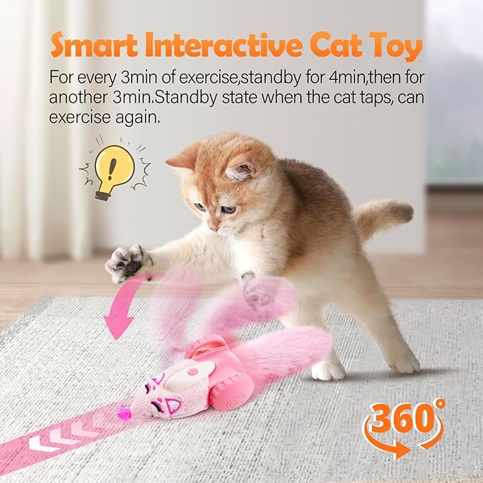 Migipaws Automatic Cat Toys, Plush Cat Mouse Toy, Interactive Toy for Indoor Cats, Smart Moving Kitten Toy, Rechargeable (Pink)-Mewly Pet