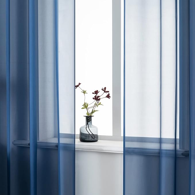 DUALIFE Navy Indigo Blue 54 Inches Sheer Curtains for Bathroom Small Windows with Grommet Semi Voile Drapes for Boys Room Kids Bedroom 52 x 54 Inch Length Set of 2 Panels Dark Blue