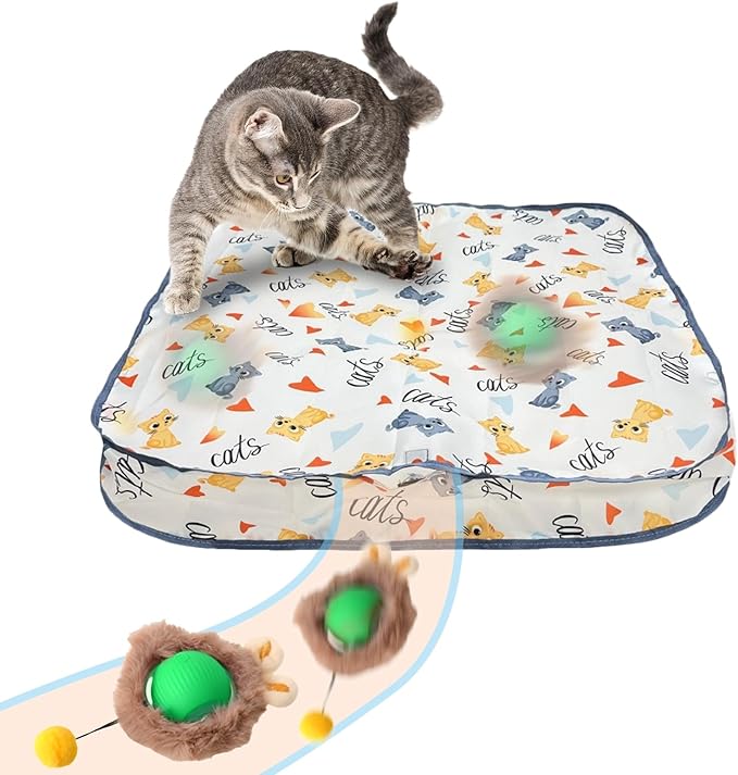 Rocfish Interactive Cat Toys Ball - Automatic Fast Rolling Ball in Play Mat, Hide and Seek Mouse Catching Game, Low-Noise Cat Enrichment Toys in Pouch for Indoor Bored Cats (Green Toy & Square Mat)-Mewly Pet