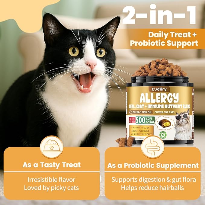 Cat Allergy Relief for Cats, Crunchy & Creamy Chews for Immune & Skin Coat Support – Seasonal Allergies, Itching Relief, Omega 3 & Probiotic Natural Supplement for Cats, Chicken Flavor – 500 Chews-Mewly Pet