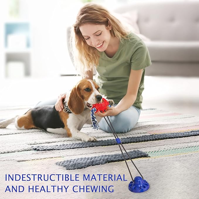 Aggressive Chewer Dog Toys - Rope Toys with Suction Cup, Teething Treats & Puzzle Food Dispensing Ball (Navy Blue)-Mewly Pet