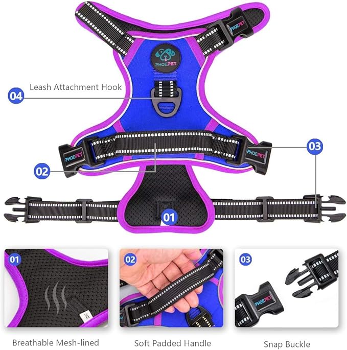 PHOEPET 2019 Upgraded No Pull Dog Harness, Reflective Adjustable Vest, with a Training Handle + 2 Metal Leash Hooks+ 3 Snap Buckles +4 Slide Buckles(S, Royal Blue)-Mewly Pet