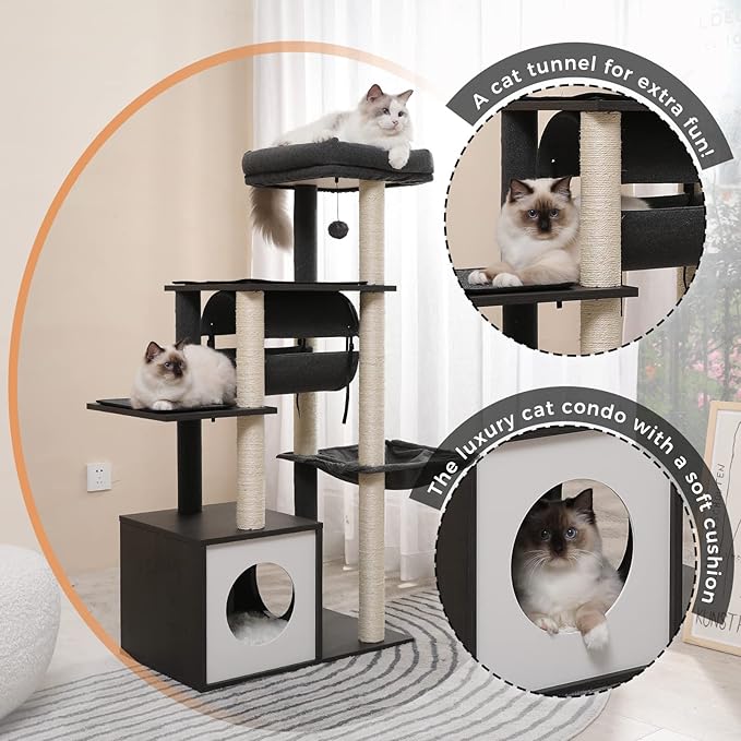 PEQULTI 51.4 Inches Modern Cat Tree Premium 6 Levels Wooden Cat Tower with Fully Sisal Covered Scratching Posts, Cozy Condo, Spacious Perch, Super Large Hammock and Swing Tunnel for Indoor Cats Gray-Mewly Pet