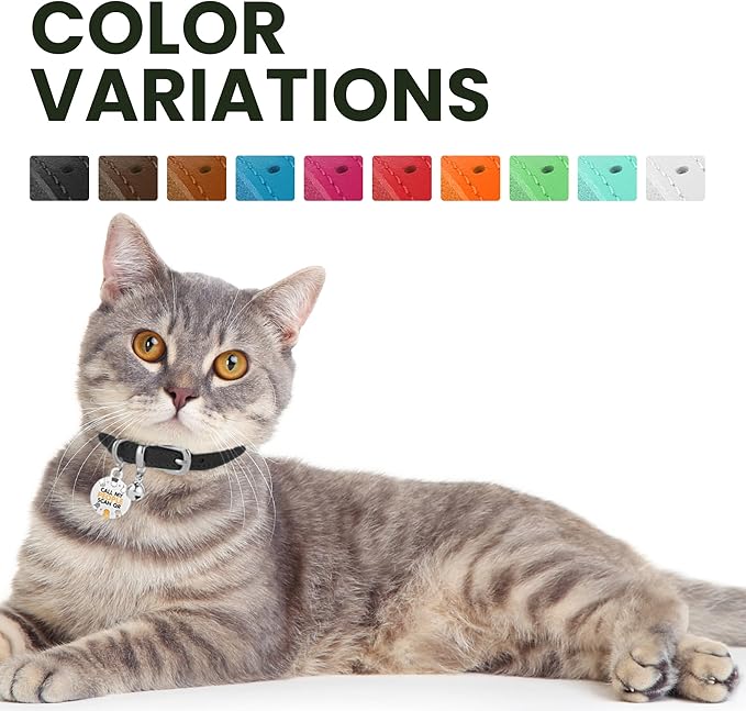 BRONZEDOG Leather Cat Collar with Removable Bells Non Breakaway Kitten QR Tag for Girl Boy (7" - 9" for Cats, Black & Silver)-Mewly Pet