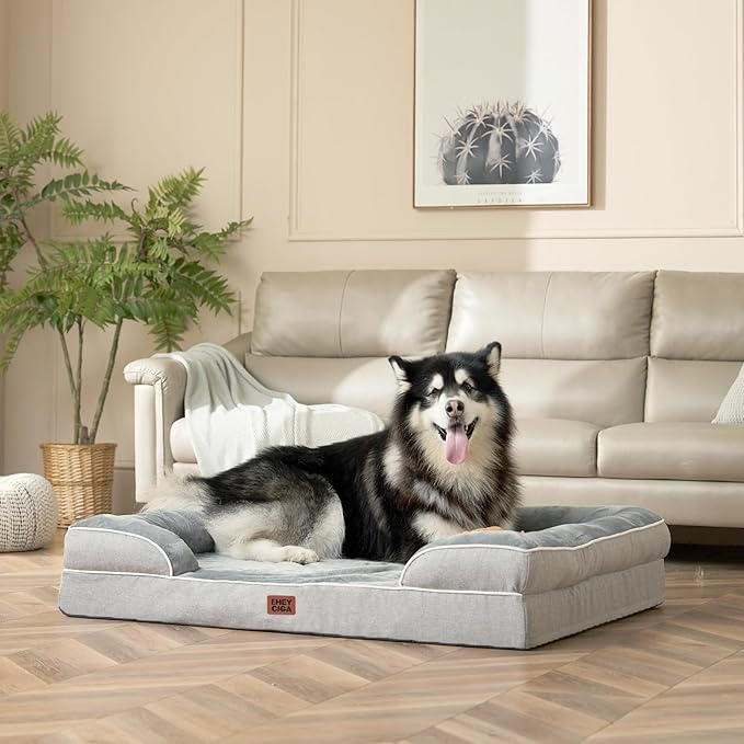 EHEYCIGA Orthopedic Dog Beds for Extra Large Dogs, Waterproof Memory Foam XXL Pet Bed with Sides, Non-Slip Bottom and Egg-Crate Foam Big Dog Couch Bed with Washable Removable Cover, Grey-Mewly Pet