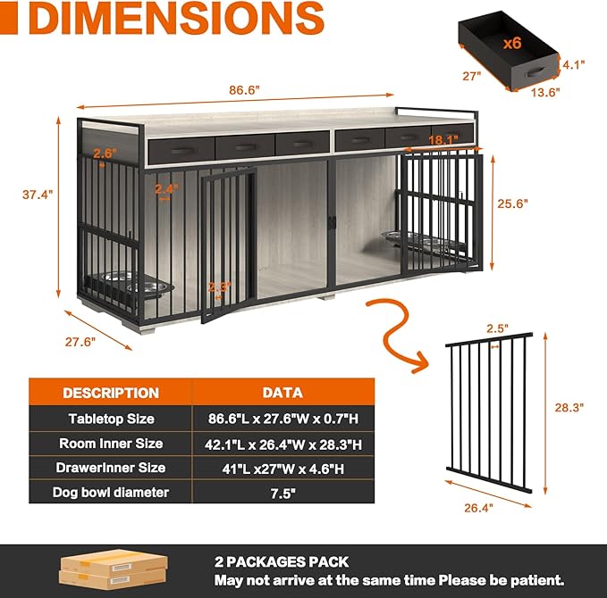 86.6inch Dog Crate Furniture with Storage,Furniture Style TV Stand Dog Kennel for 2 Dogs,with 6 Drawers,Removable Divider&Adjustable Bowls,Heavy Duty Metal Chew-Resistant Dog Crate Furniture-Mewly Pet