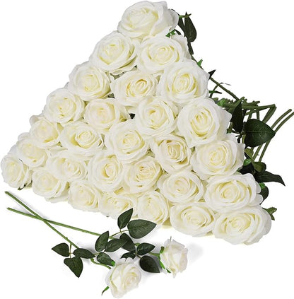 JUSTOYOU 30PCS Artificial Roses Silk Flowers in Bulk, Realistic White Fake Roses for Wedding Decorations, Home Decor, Centerpieces, Indoor Floral Arrangements