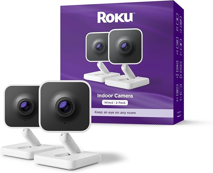 Roku Indoor Camera - Home Security - 2-Pack - Wired Security Camera & Pet Monitor with 1080p HD Color Night Vision, Works with Alexa & Google, Motion & Sound Detection, WDR & WiFi 6-Mewly Pet