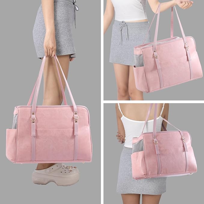 Dog Carrier Purse, Fashion Leather Pet Carrier with Pockets, Airline Approved Soft Sided Dog Carrying Bag for Puppy Cat Dog Pink-Mewly Pet