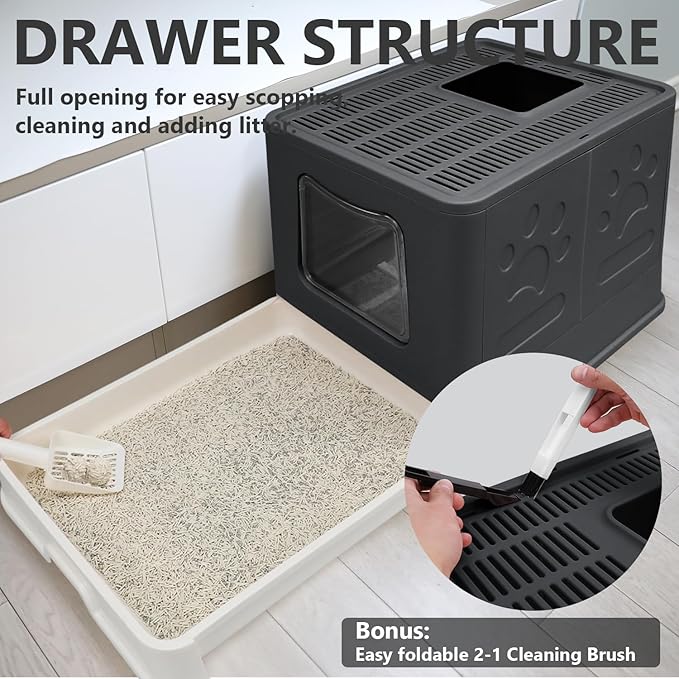 XL Foldable Cat Litter Box with Lid - Jumbo Enclosed Potty - Top Entry Anti-Splashing Toilet - Includes Scoop & 2-in-1 Cleaning Brush (Black)-Mewly Pet