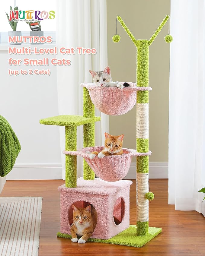 Pink Cat Tree, 47.6" Cat Tower with 2 Metal Frame Hammock, Cat Scratching Post for Indoor Cats with 2 Removable Pompom Sticks for Kittens, Pink-Mewly Pet