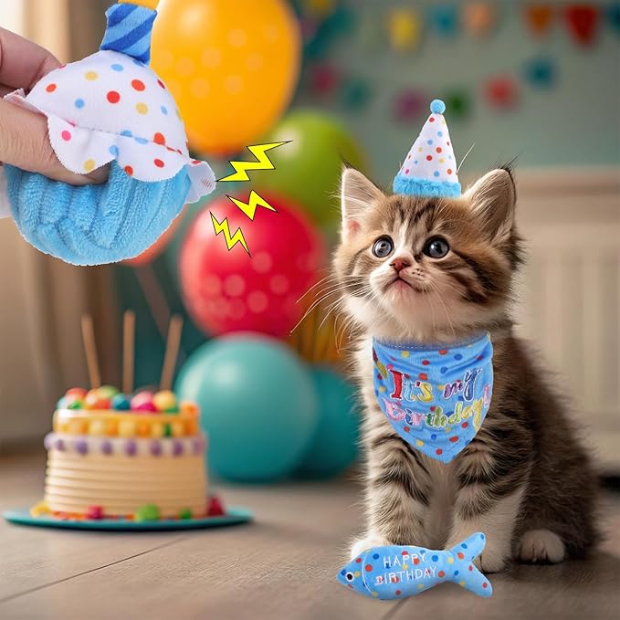 BINGPET Cat Birthday Catnip Toys for Indoor Cats,Cat Birthday Hat,Bandana and Cat Birthday Cake Interactive Plush Kitten Chew Toys,Cute Fish,Balloon Toys with Crinkle Paper and Catnip Inside(Sky Blue)-Mewly Pet
