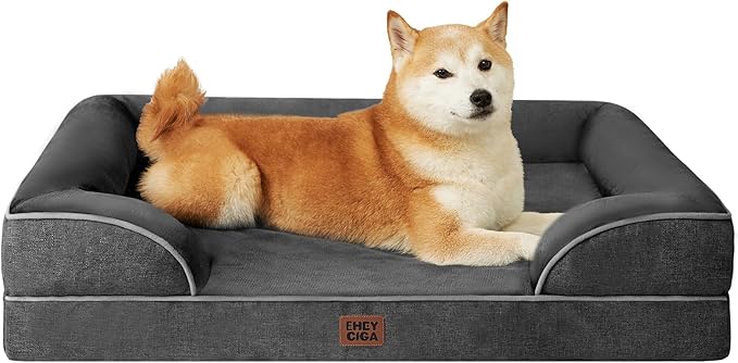 EHEYCIGA Orthopedic Dog Beds for Large Dogs, Waterproof Memory Foam Large Pet Bed with Sides, Non-Slip Bottom and Egg-Crate Foam Dog Couch Bed with Washable Removable Cover, Dark Grey-Mewly Pet