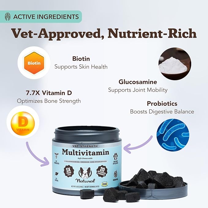 Natural Dog Company Vet Strength Multivitamin Chews for Dogs – Glucosamine, Omega-3 & Biotin for Dogs, Skin & Coat Health, Digestive Health, Immune Support Supplement, Advanced Formula, 90 cnt-Mewly Pet