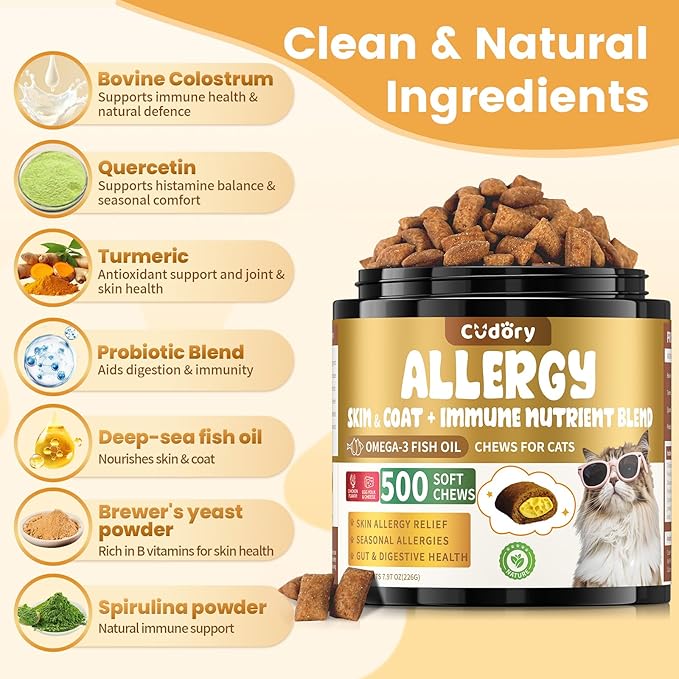 Cat Allergy Relief for Cats, Crunchy & Creamy Chews for Immune & Skin Coat Support – Seasonal Allergies, Itching Relief, Omega 3 & Probiotic Natural Supplement for Cats, Chicken Flavor – 500 Chews-Mewly Pet