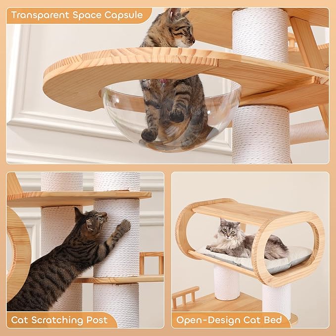 76.8'' Modern Cat Tree for Indoor Cats, Tall Wooden Cat Tower for Home Decoration, Multi-Level Tower with Transparent Cat Bed, Huge Cat Condo for Multi-Cat Families-Mewly Pet