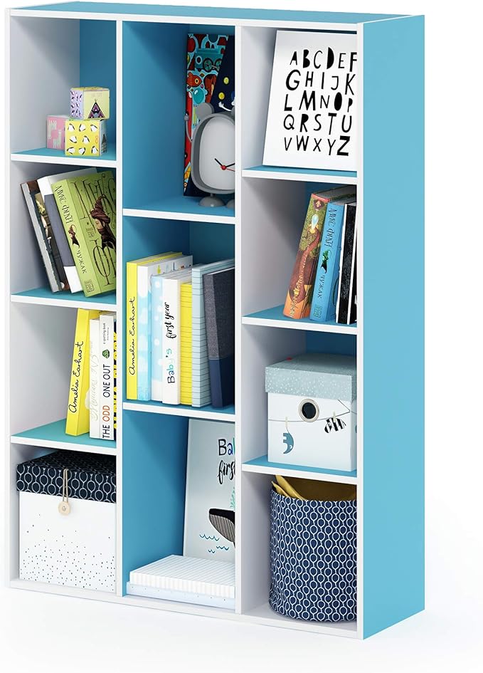 Furinno LUDER Book Shelf, 11-Cube Bookshelf, Reversible Bookcase, 9.4" x 29.1" x 41.7", for Living Room, Bedroom, Home Office, White/Light Blue