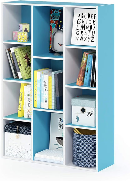 Furinno LUDER Book Shelf, 11-Cube Bookshelf, Reversible Bookcase, 9.4" x 29.1" x 41.7", for Living Room, Bedroom, Home Office, White/Light Blue