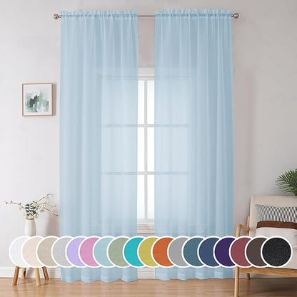 OWENIE Sheer Curtains 96 inches Long for Bedroom Living Room, Solid Light Filtering Fimly Sheer Curtains with Rod Pocket Top, Soft Sheer Long Curtains, Each 42Wx96L inch, Sky Blue