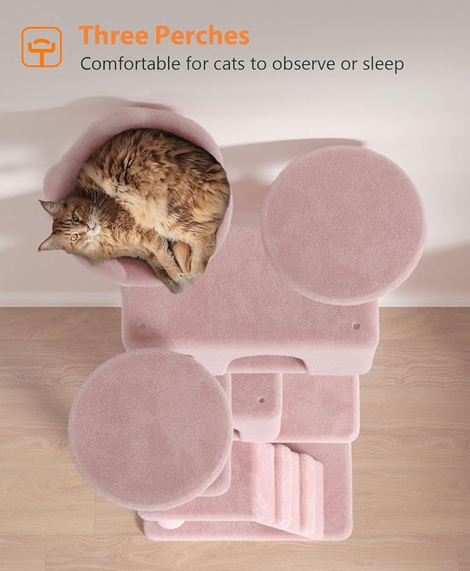 54" Cat tree Tower for Indoor Cats Large Adult,Cute/Tall Modern Cat Tree for Big Cats 20 lbs,Plush Multi-Level Cat Condo with Scratching Posts, Dangling Ball for fun play (Soft Pink, 54 inch)-Mewly Pet