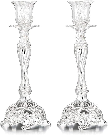 Sziqiqi Silver Plated Candlestick Holders Set of 2 Taper Candle Holders Deluxe Ornate Candle Holders for Shabbat Taper Candles, Candle Centerpiece, Wedding Candles, Christmas Candle, 7.4inch