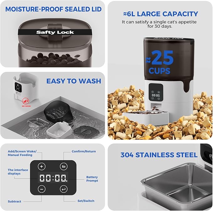 PAPIFEED 6L Automatic Cat & Small Dog Feeder - Programmable Pet Feeder with 36 Daily Meals, Detachable Stainless Steel Bowl, 25 Cup Capacity Smart Food Dispenser for Easy Cleaning-Mewly Pet