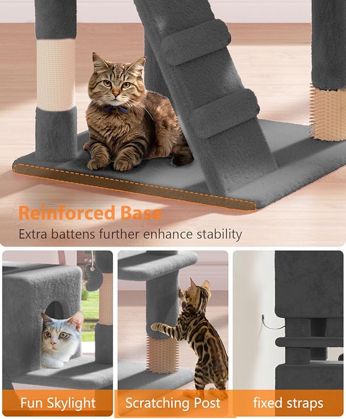 77'' Cat Tree Tower for Indoor Cats Large Adult, Cute/Tall Modern Cat Tree for Big Cats 20 lbs, Plush Multi-Level Cat Condo with Scratching Posts, Dangling Ball (Smoky Gray, 77 inch)-Mewly Pet