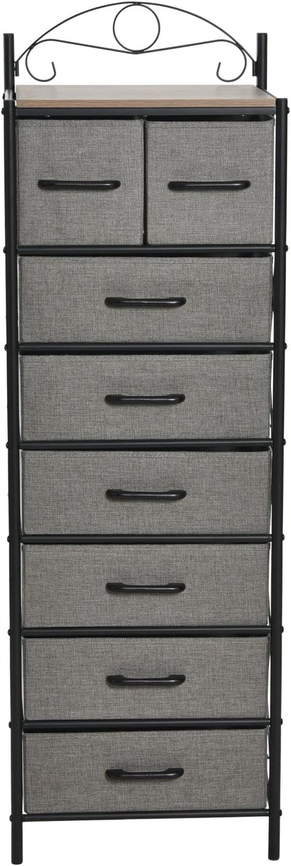Household Essentials Victoria Dresser Tower Storage Organizer with 8 Drawers Black Metal Frame and Ashwood Rustic Wood Grain Top