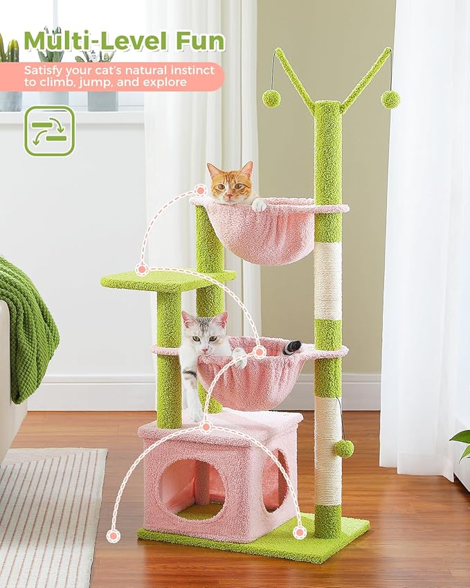 Pink Cat Tree, 47.6" Cat Tower with 2 Metal Frame Hammock, Cat Scratching Post for Indoor Cats with 2 Removable Pompom Sticks for Kittens, Pink-Mewly Pet