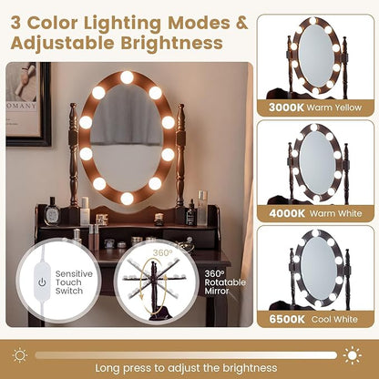 CHARMAID Girls Makeup Vanity Desk with Lights, Vanity Table with Lighted Mirror, 3 Lighting Modes, Adjustable Brightness, Modern Makeup Table with 3 Drawers and Stool for Small Space (Espresso)
