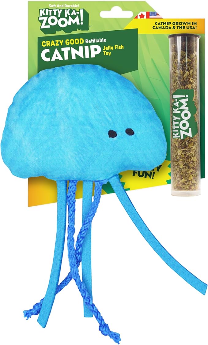 ZOOMIE Jelly Fish - Refillable Catnip Toy + Catnip | High Potency Hand Harvested Fresh Catnip | Soft Plush for Engaging Play-Mewly Pet