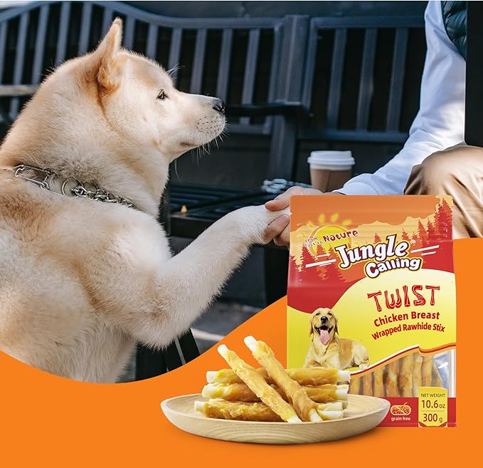 Jungle Calling Dog Treats, Chicken Wrapped Rawhide Sticks for Dogs, Grain-Free Natural Small Dogs Training Treats, Edible Pet Chew Snacks,10.6 oz-Mewly Pet