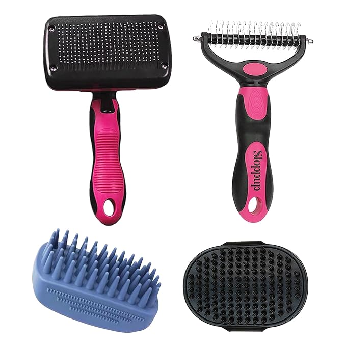 Dog Brush Kit for Grooming Short & Long Haired Dogs & Cats, 4-in-1 Pet Grooming Set with Self-Cleaning Slicker Brush, Deshedding Tool, Shampoo Bath Comb, Massge Comb (Pink Black)-Mewly Pet