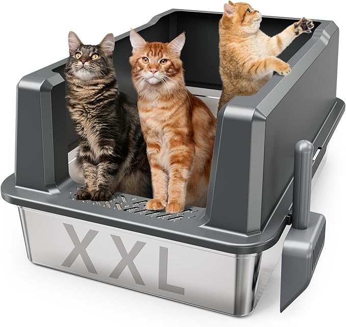 XXL Stainless Steel Cat Litter Box with High Sided, 27.6" L x 20" W x 14" H Extra Large Litter Box for Big Cats and Multiple Cats, Enclosure Cat Litter Pan with Anti-Urine Leakage, Easy Clean-Mewly Pet
