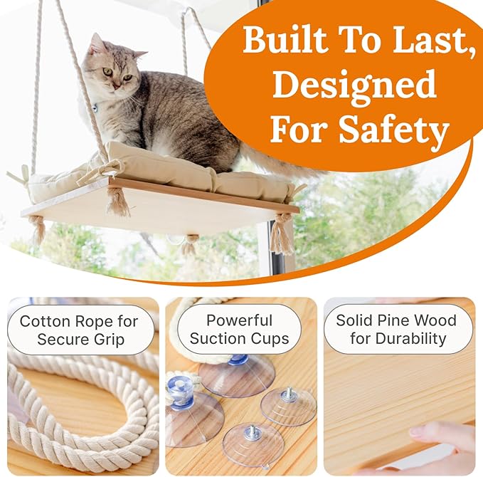 Cat Window Perch - Hammock Bed for Cats Inside - Solid Wood Seat, 4 Strong Suction Cups, Soft Cushion - Rustic Indoor Pet Shelf-Mewly Pet