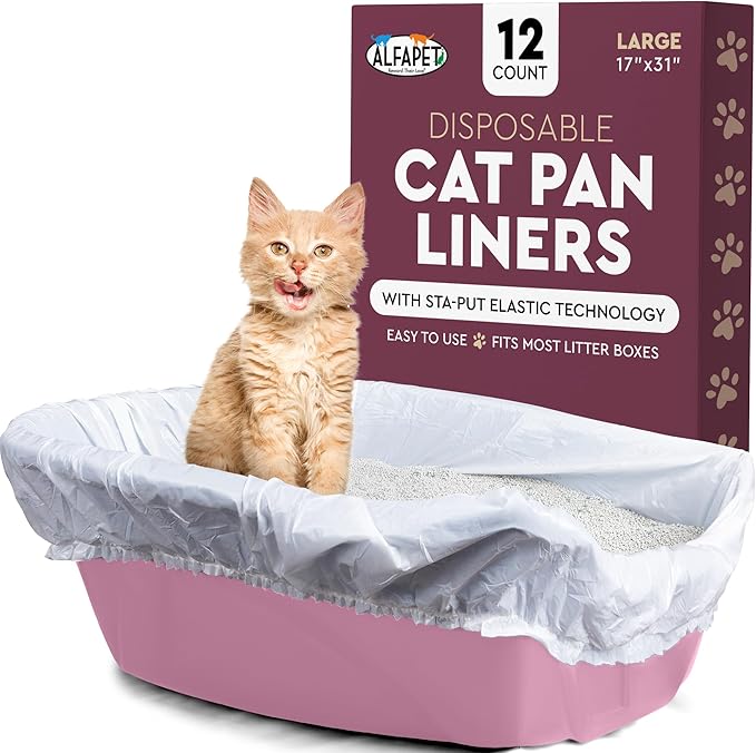 Alfapet Elastic Cat Litter Box Liners - Large 12 Count - Tear-Resistant Cat Litter Bags - Waterproof Kitty Litter Liners - Fits Litterbox Pan Sizes Medium and Large, 31" x 17", 20 lb Capacity-Mewly Pet
