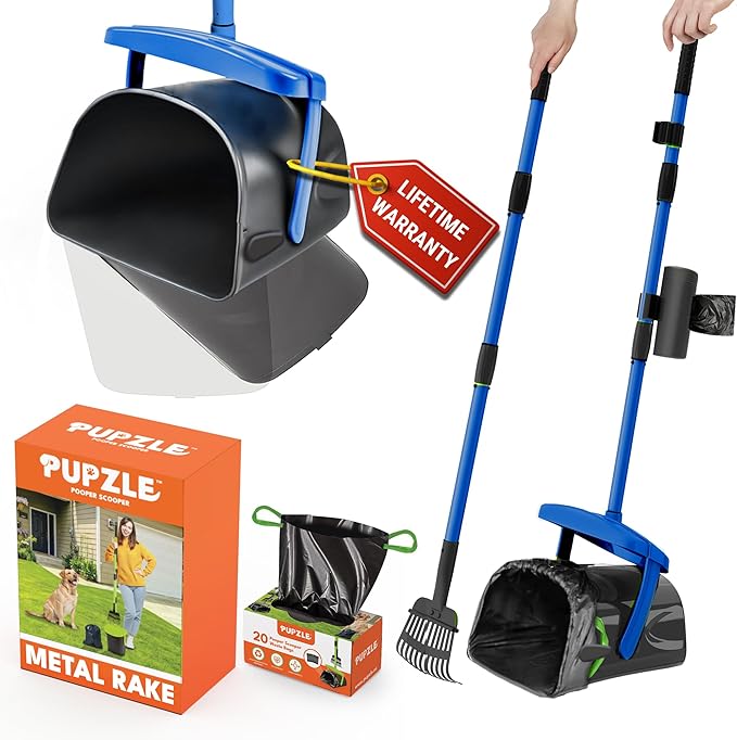 Dog Pooper Scooper with Bag Attachment, 40" Long Handle Pooper Scooper for Large Dogs, Dog Poop Scoop for Yard, Large Capacity Swivel Bin and Rake, Lavender Scented Bags (Blue)-Mewly Pet