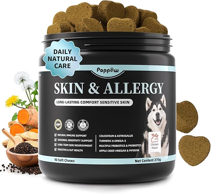 Dog Skin & Allergy Chews - Dog Probiotics for Sensitive Skin Health Support - Allergy Relief - Support Seasonal Allergies, Immune & Gut & Digestive Health Supplement - Chicken Flavor - 90 Count-Mewly Pet