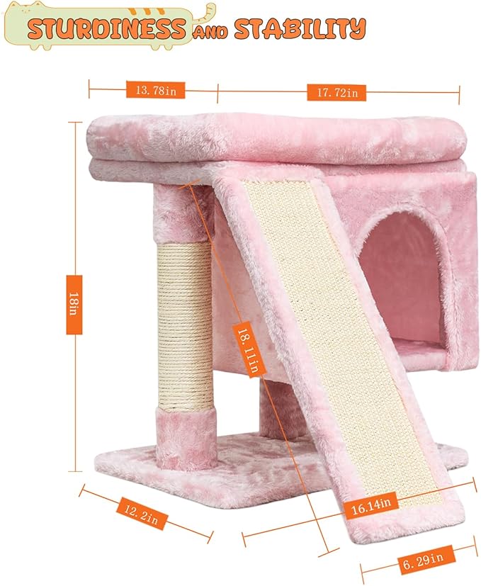 SYANDLVY Small Pink Cat Tree with Perch for Indoor Cats, Cat Tower with Scratching Post, Modern Activity House for Large Cats, Condo with Board, Kittens Cave-Mewly Pet