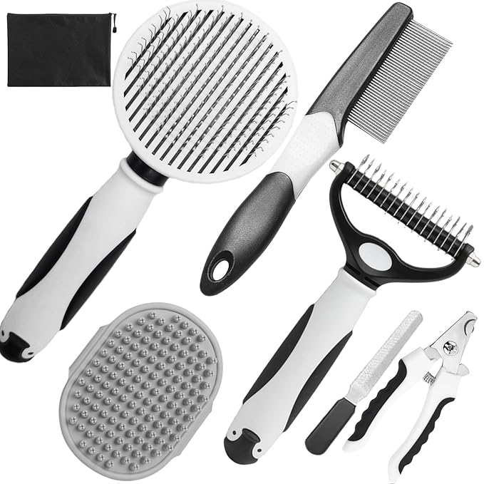 Dog Brush for Shedding, 7 PCS Dog Grooming Brush Kit, Undercoat Rake, Slicker Brush, Deshedding Comb, Bath Brush, Nail Clipper for Long & Short Haired Dogs & Cats, Black-Mewly Pet
