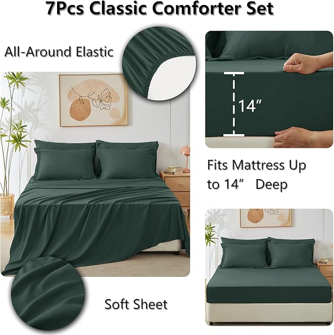 CozyLux King Size Comforter Set Forest Green - 7 Pieces Bed in a Bag King, Luxury Soft Bed Set for All Seasons, Bedding Set with Down Alternative Comforter, Sheets, Pillowcases & Shams